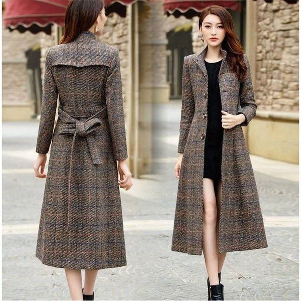 

women's wool & blends harajuku style receive waist 2021 womens coat temperament autumn and winter long section slim lattice woo, Black