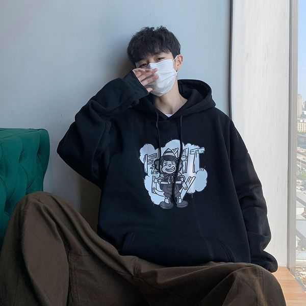 

oversize bodyguard men's hooded pullover coat printed autumn wajuku style top, Black