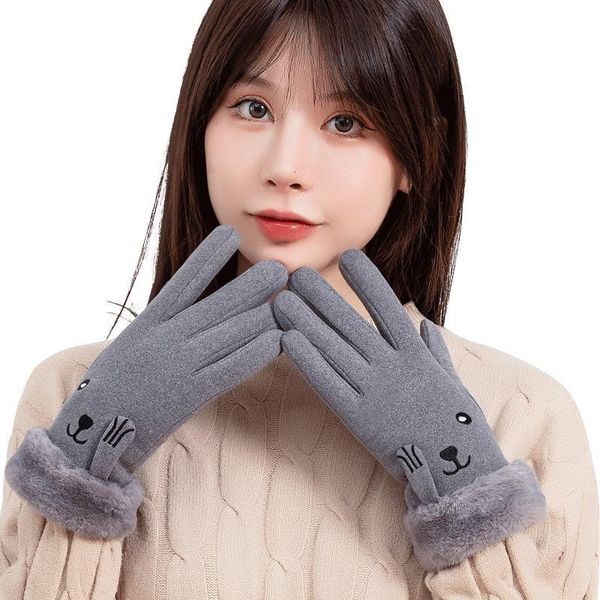 

new women winter suede keep warm touch screen plus velvet inside thicken gloves cartoon embroidery cute outdoor cycling, Blue;gray