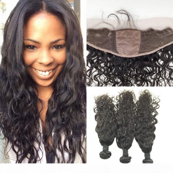 

brazilian virgin hair natural wave silk base lace frontal with 3 bundles part silk lace frontal closure with human hair wefts, Black