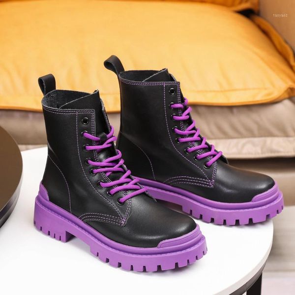 

2020 new women boots boots leather women shoes ankle autumn lace-up female footwear contrast colour round toe1, Black
