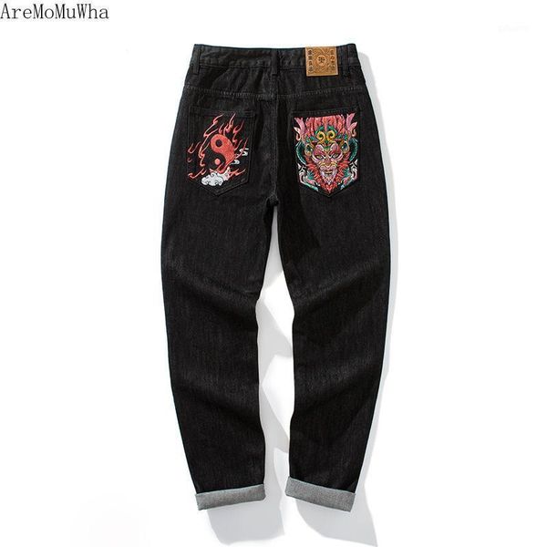 

winter new style chinese style wukong embroidery black jeans men's trendy brand long pants straight trend yokosuka embroidery1, Blue