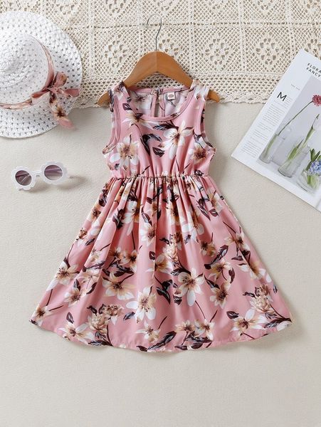 

toddler girls floral print a-line dress & hat she, Red;yellow