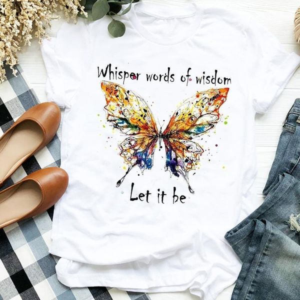

women lady watercolor butterfly cute summer autumn printing print tshirt shirt clothes graphic female t tee womens t-shirt, White