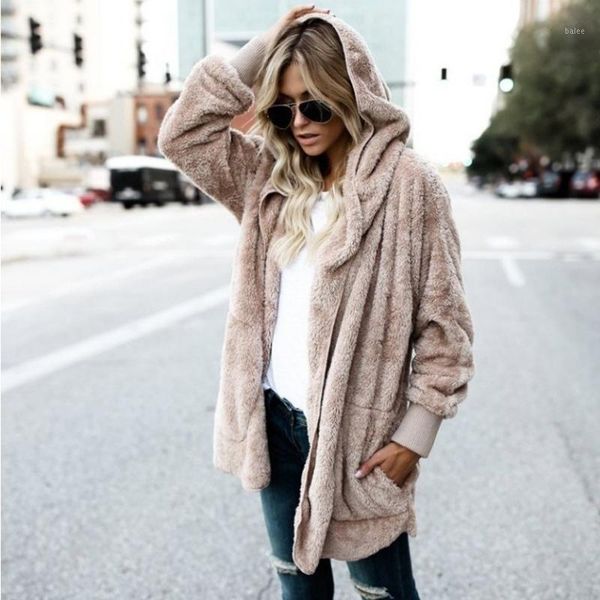 

wt002 female teddy bear coat autumn casual faux fur jacket women fashion open stitch hooded coat long sleeve hooded fuzzy jacket1, Black