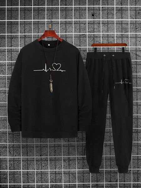 

men heart print sweatshirt & drawstring waist sweatpants 82t3#, Gray