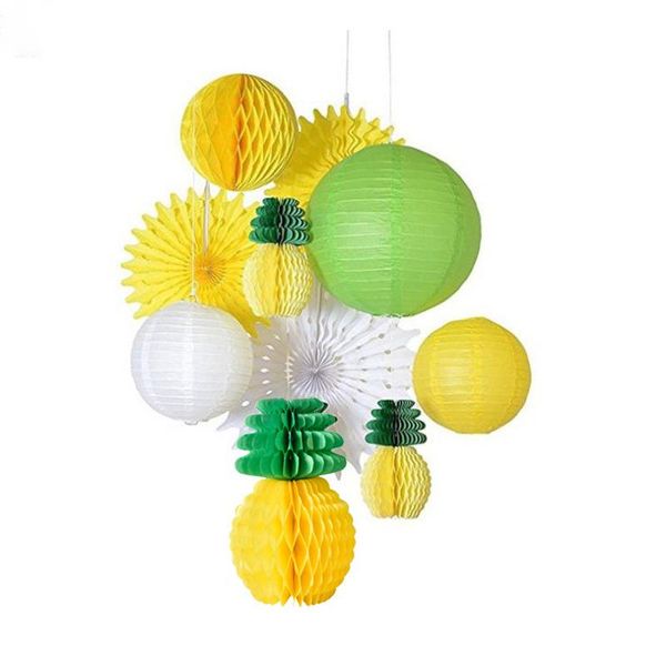 

10pcs yellow green white summer party decoration set honeycomb pineapple paper lantern fans balls beach tropical party backdrop qylkyg