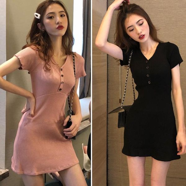 

new fashion women's short sleeve v-neck high waist dress buttons slim fit a-line knitted solid color dress, Black;gray