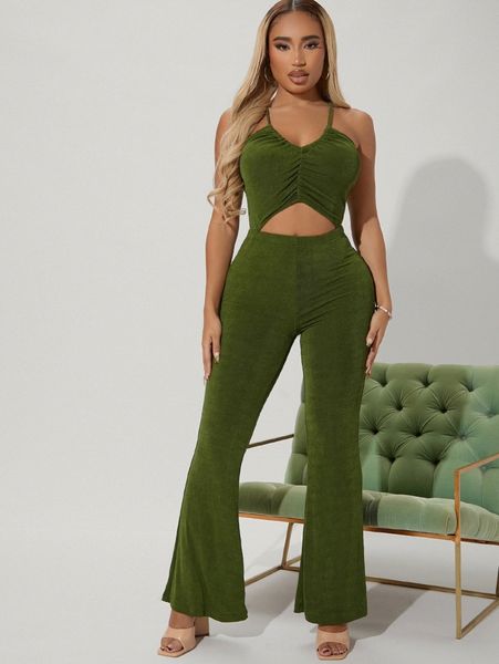 

crisscross tied backless cut out front flare leg cami jumpsuit p6sr#, White