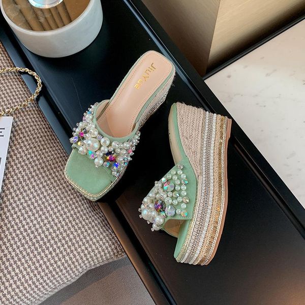 

обувь струнные бисерные тапочки платформы платформы тапочки женские на каблуках мулс низкие слайды на клин jelly flip flops flock 2020, Black