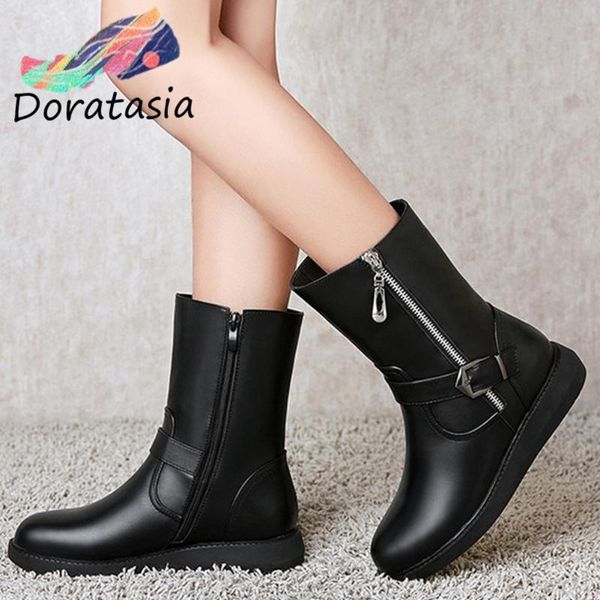 

doratasia women warm winter shoes 2020 low heel chain boots women buckle zipper short plush mid calf boots, Black