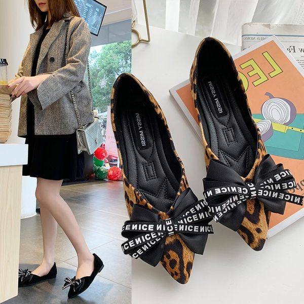 

2019 spring new ladies big bow-knot flats leopard printed pointed toe women loafers party office fashion casual shoes 1006, Black;white
