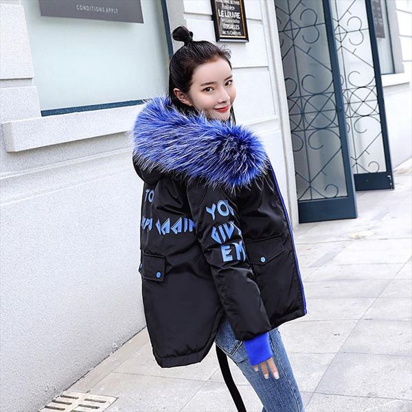 

2020 winter jacket women parka fur collar hooded coat casual slim short jacket fashion female cotton padded warm outwear, Black