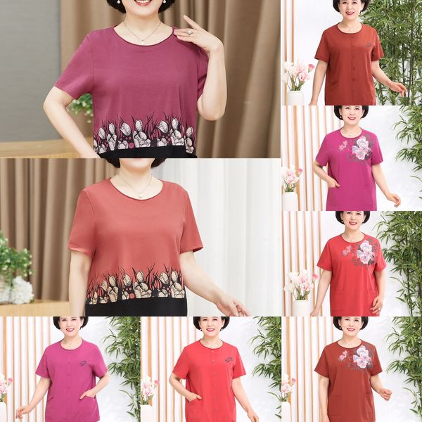 

middle aged mom's summer jacket cotton t-shirt short sleeve crew neck cotton t-shirt middle aged and elderly women's fattening plu, White
