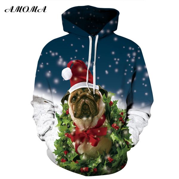 

amoma realistic 3d digital print pullover hoodie hooded sweatshirt pug, Black