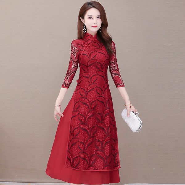 

autumn 2020 new women's chinese style long skirt long skirt 7 4 sleeve shows thin temperamentmid length dress osezs, Black;gray