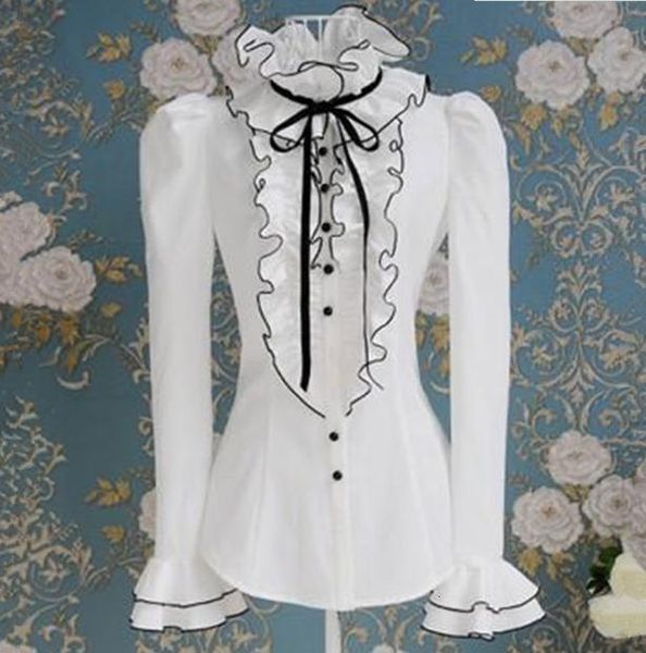 

female autumn white chiffon turtleneck long trumpet sleeves bowknot shirt qv6f