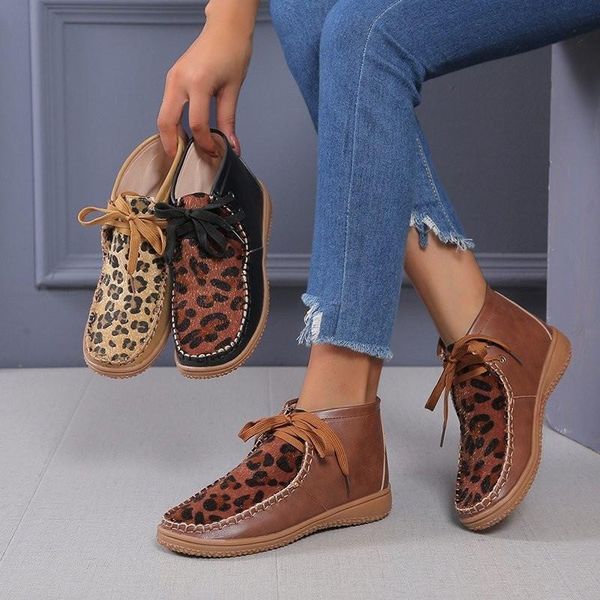 

2020 new women's ankle boots woman leopard leather sewing boots women lace up female shoes ladies comfortable footwear big size, Black