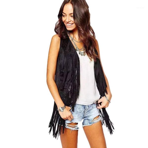 

fashion new style faux suede jacket coat female tassel sleeveless short jackets and coats women v collar suede, Black;brown