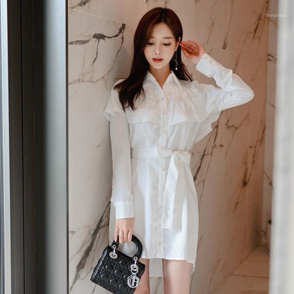 

2020 autumn winter new arrival sheer korean style single breast ruffled cloak midi white shirt office work dress women plus size1, Black;gray