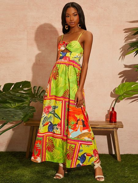 

figure & tropical print backless cami dress w6yg#, Black;gray