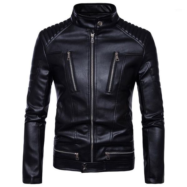 

punk men's motorcycle multi-zip leather jacket jacket autumn and winter fit regular men's stand-up collar pu leather1, Black