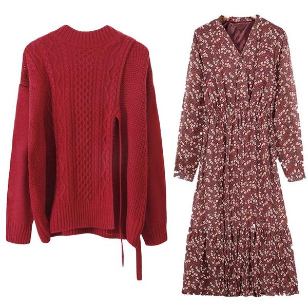 

women christmas sweaters suit two piece autumn winter retro loose knitted pullover and long dress set women roupa feminina, Gray