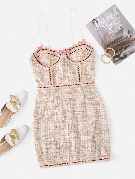 

bow front pearls detail tweed dress a7hy#, Black;gray