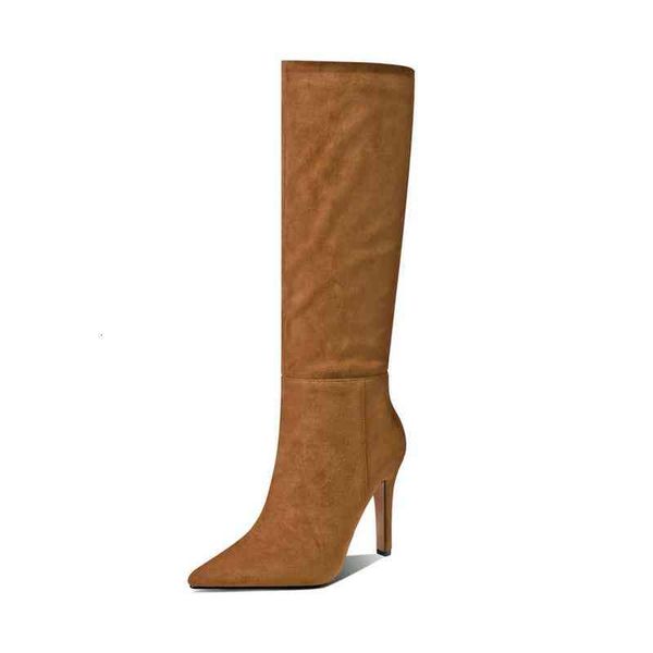 

plus size boots 34-43 women knee high faux suede thin heel fashion pointed toe slip on for brown, Black
