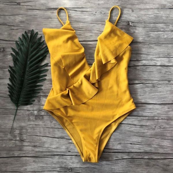 

one-piece swimsuit women swimwear push up monokini ruffle bathing suit high waist beach wear yellow swimsuit fused female1, White;black