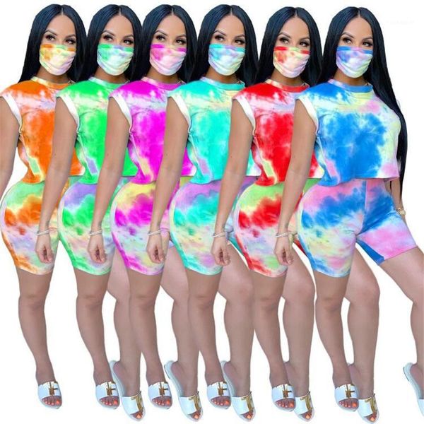 

designer tracksuits fashion short sleeve short pants womens 2pcs sets casual females clothing with facemask tie dye womens, Gray