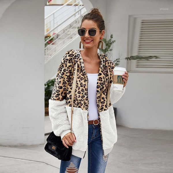 

leopard faux fur coat 2020 autumn winter fur coat jacket women plush hoodie fluffy teddy jacket female long sleeve zipper1, Black