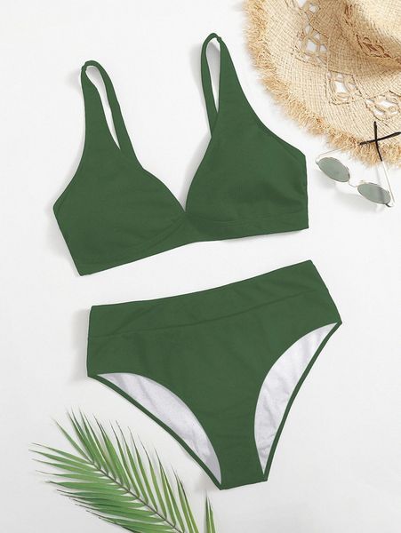 

plus plain high waisted bikini swimsuit y9vz#, Black