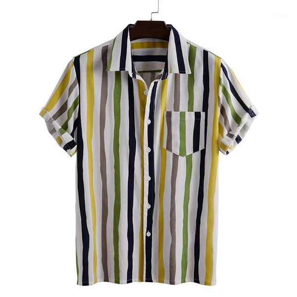 

feitong cotton linen shirt men striped printed turn down collar short sleeve casual shirts chemise homme beach shirt summer1, White;black