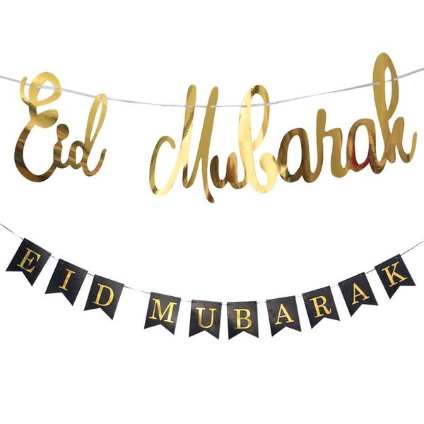 

1set ид мубарак бумаги баннер рамазан украшение для дома garland мусульманский праздник рамадан карим исламский золотой черный ид баннер qyl
