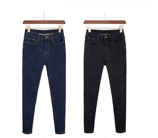 

high waist wool lining ladies jeans ladies thin winter warm nine point stretch jeans, Blue