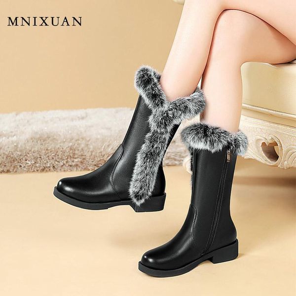 

mnixuan snow boots warm women shoes with fur 2020 new round toe waterproof platform medium heels zipper ladies booties plus size, Black