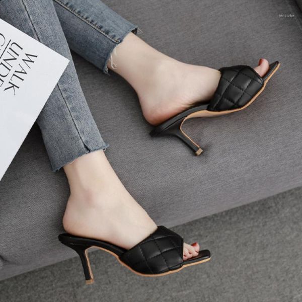 

slippers fashion pu pattern square head peep toe 8cm high heel summer slip on thin heels slides women mules1, Black