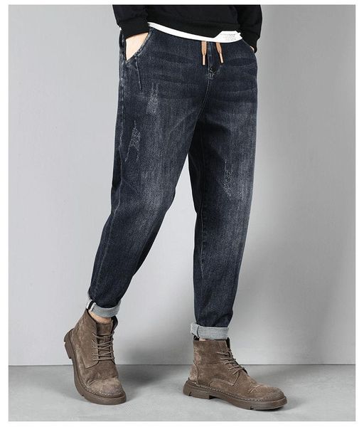 

men's jeans vintage harajuku fashion men drawstring cargo pants wide leg winter velvet warm trousers hip hop joggers, Blue