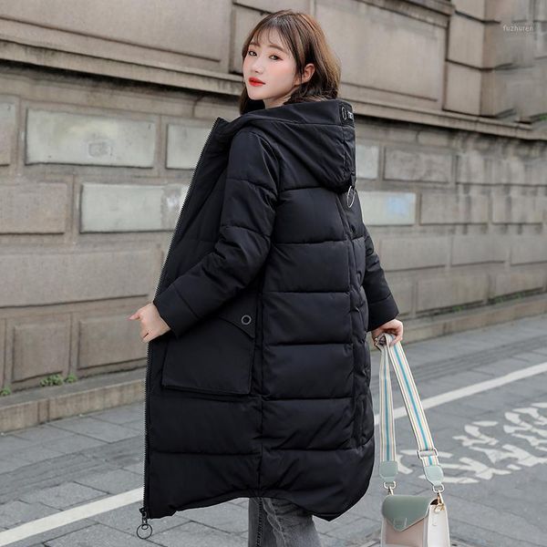 

solid long parkas female winter hooded solid casual jacket women plus size stand collar loose big pockets thick women's coat1, Black