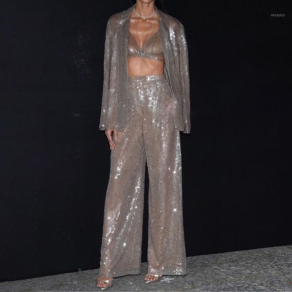 

women's senior metallic shining t-stage catwalk fashion suit loose long-sleeved jacket casual suit1, White