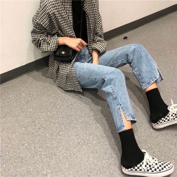 

new vintage 2021 autumn joker high irregularly polished white denim pants 4p6m, Blue