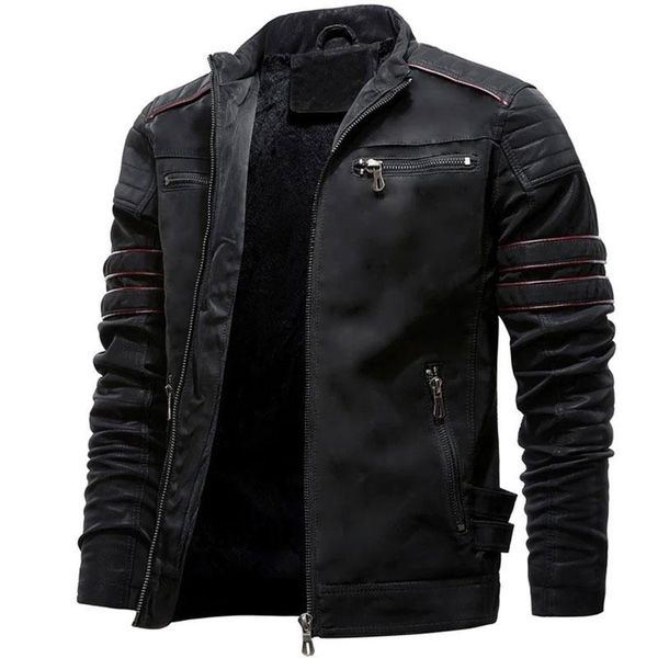 

autumn mens casual leather jacket winter inner fleece cargo coat pu leather waterproof jackets, Black