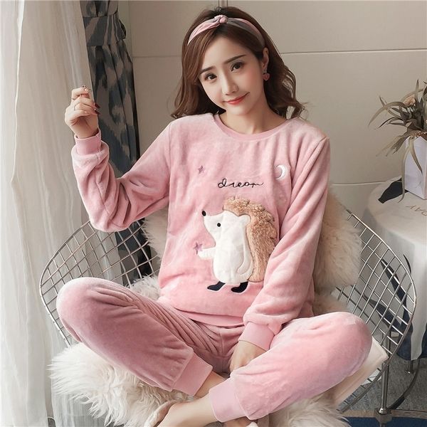 

autumn winter women pyjamas sets pajamas sleepwear suit thick warm coral flannel nightgown female cartoon animal pijama mujer 201114, Black;red