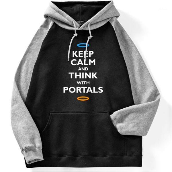 

simple text clothing pullover mens keep calm and think with portals hoodies men retro street hoody for men oversize1, Black