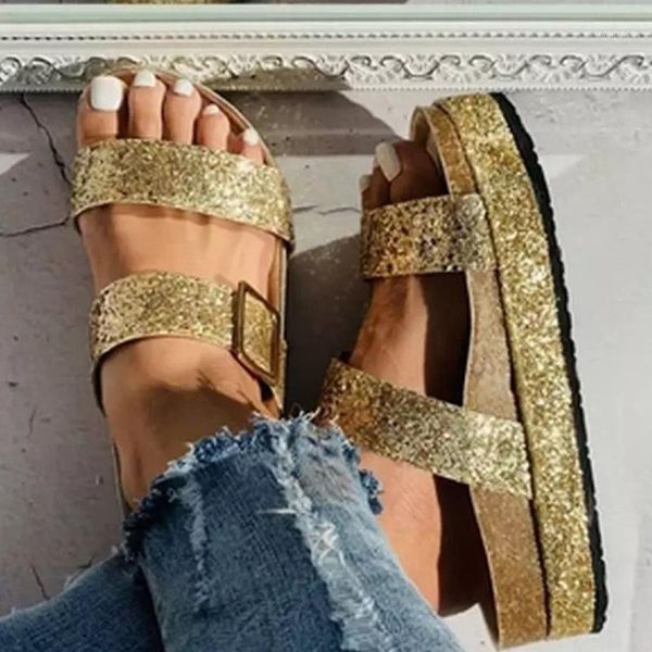 

sagace women hollow sequins sandals 2020 summer casual belt buckle strappy slip on platform slippers sandals women's beach shoes1, Black