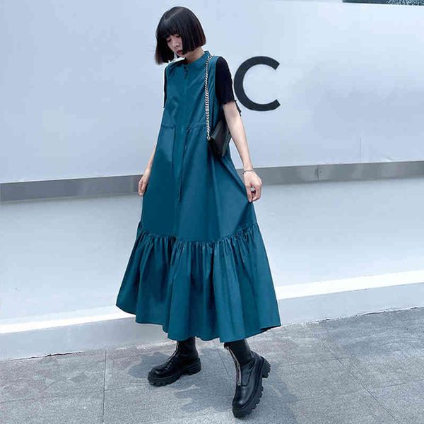 

casual dresses [eam] women blue pleated long big size dress stand collar sleeveless loose fit fashion spring autumn 2022 1de1706 k6ly, Black;gray