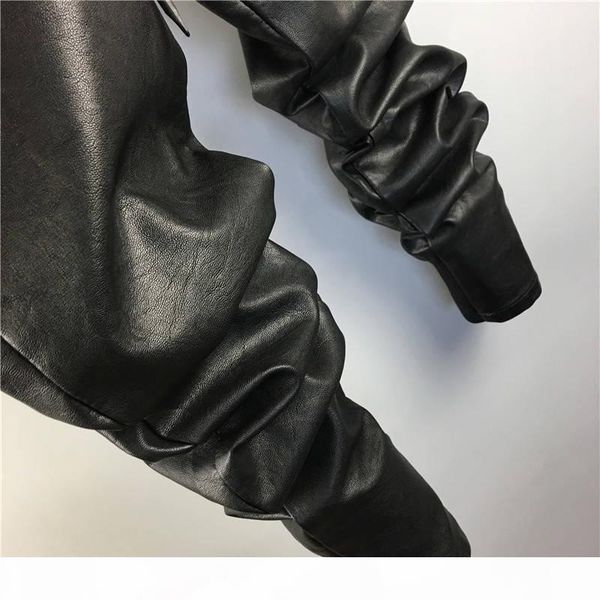 

idopy men`s winter warm faux leather harem pants elastic waist drawstring pu joggings trousers for male 200925, Black