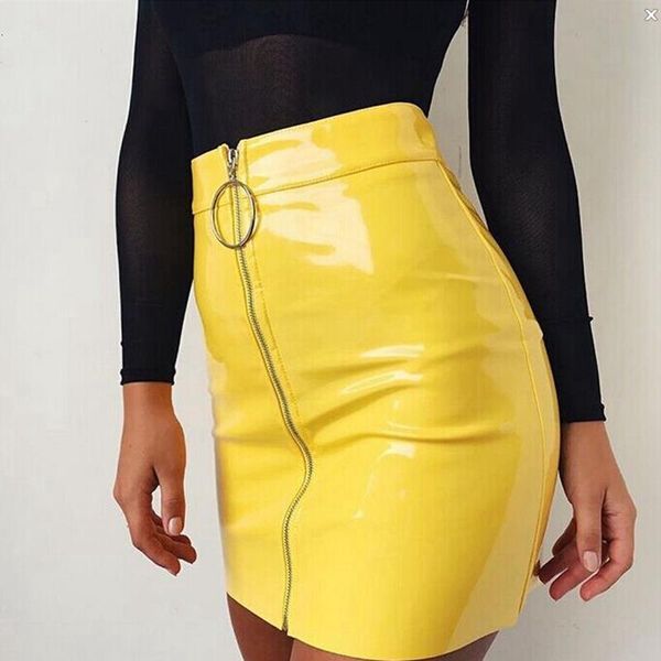 

new fashion women's ladies casual pu leather high waist a-line bodycon zippers mini short skirt, Black