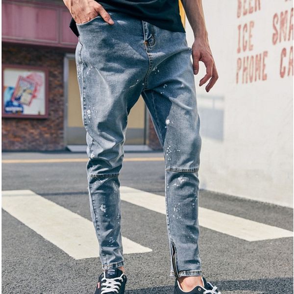 

new stretch jeans inkjet trend knee stitching zipper leg men's pants, Blue
